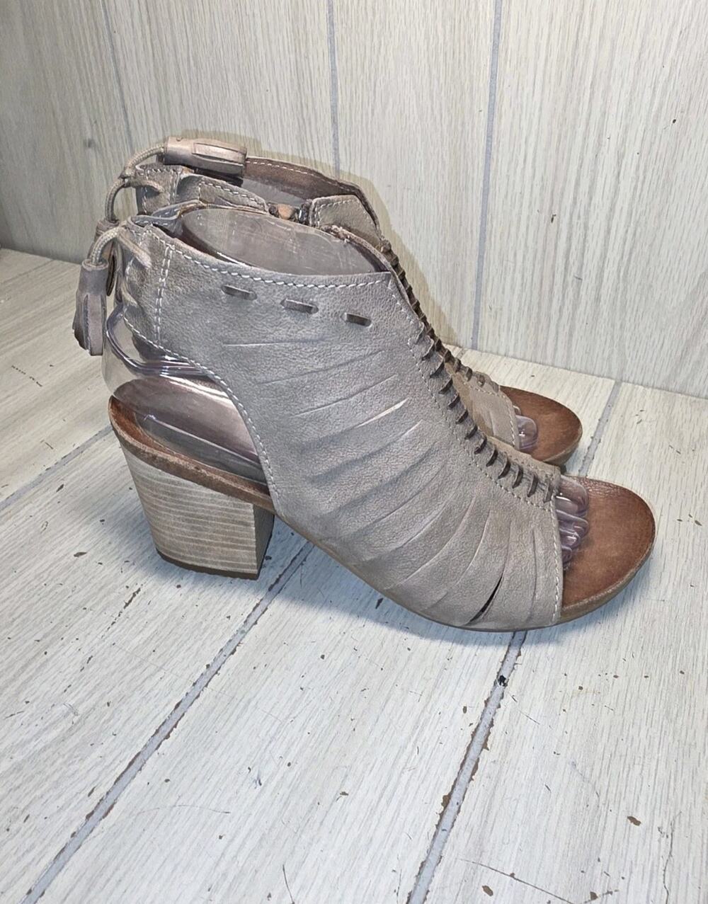 Miz Mooz Maddie Gray Leather Open Toe Heeled Sandals Size 7 Boho Cottagecore